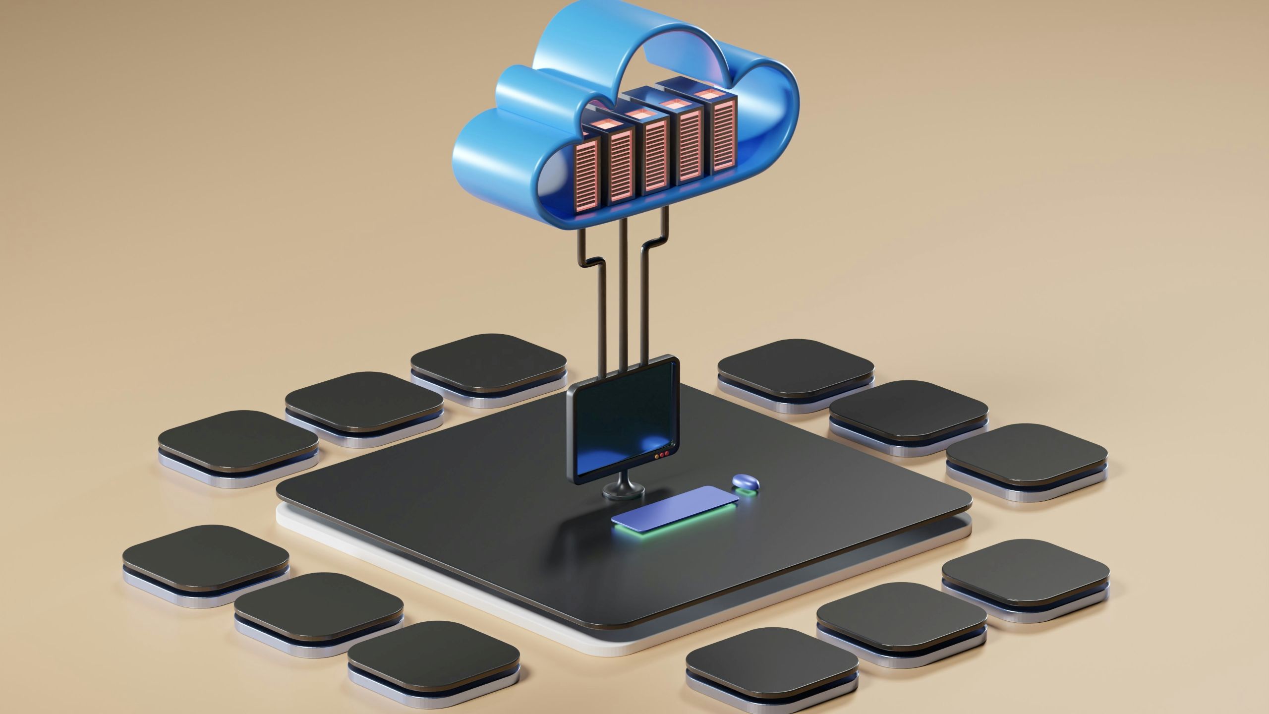 3D image of computer attached to cloud with server racks inside.